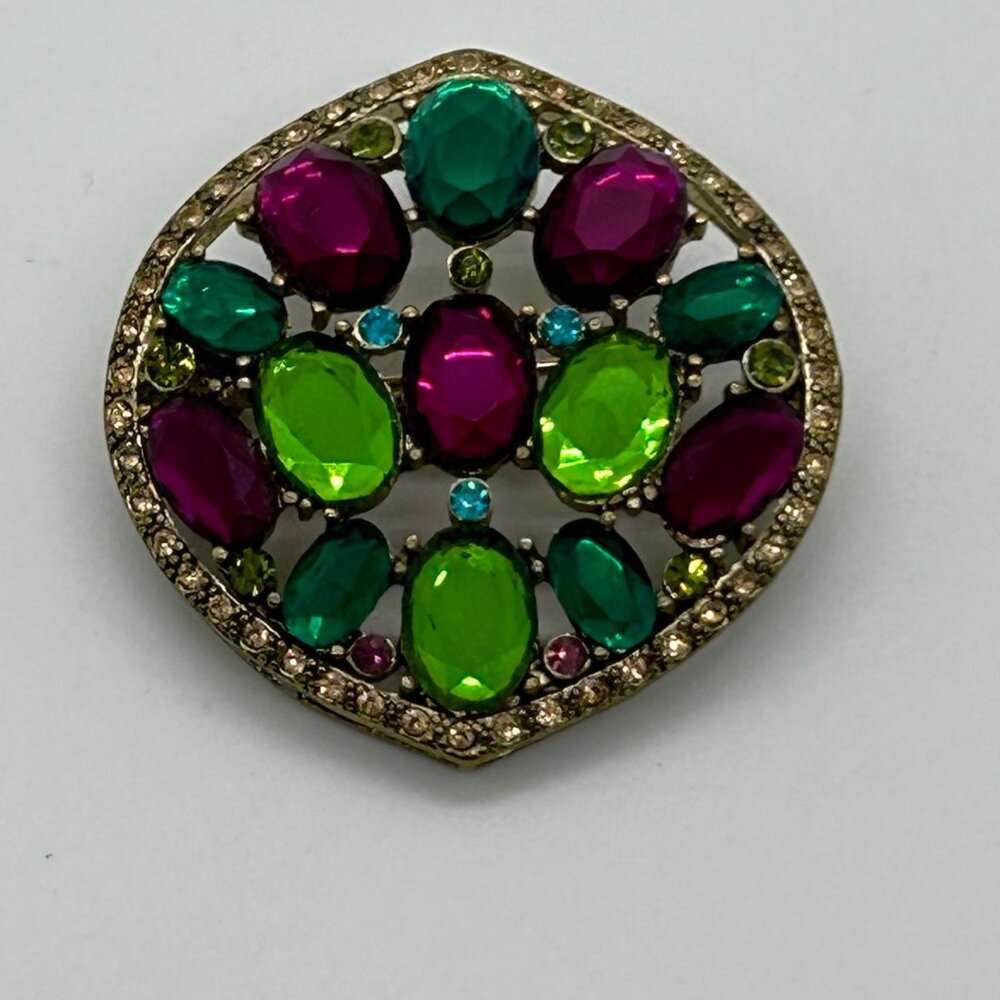 Vintage Monet Brooch Pin Multi-Colored Acrylic Stones Gold Tone Signed Round - Picture 13 of 16